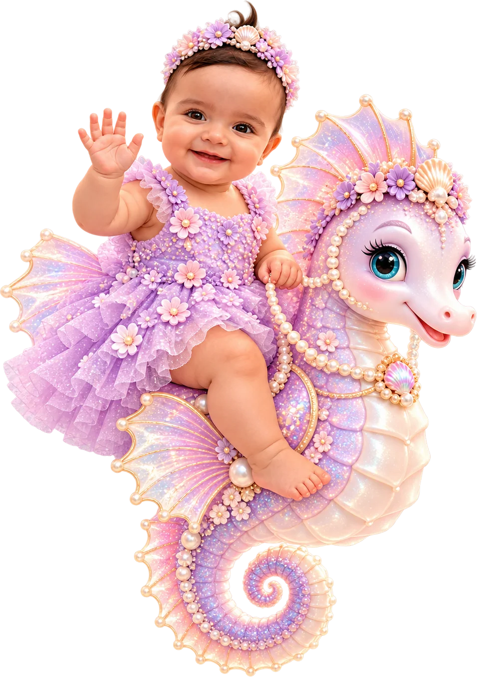Ilustração da Maitê de vestido lilás sobre um cavalo-marinho mágico, no fundo do mar.
